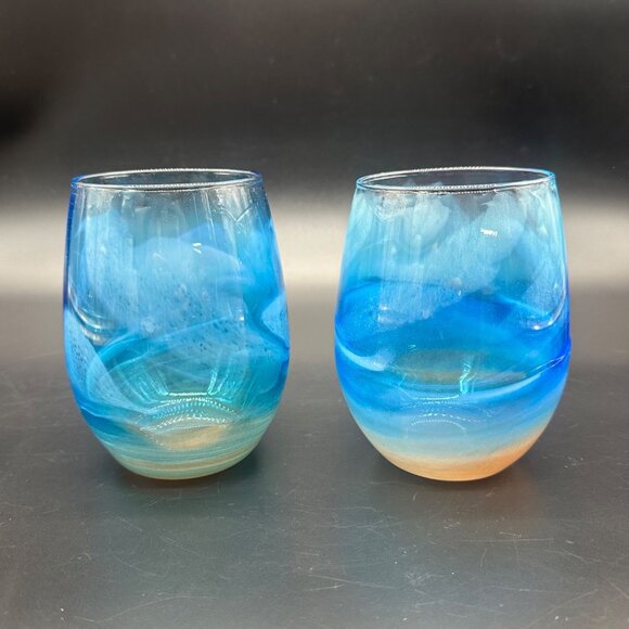 Stemless Wine Glasses Abstract Beach Blue Sandy Brown Nautical Cups Tumblers - Picture 2 of 8